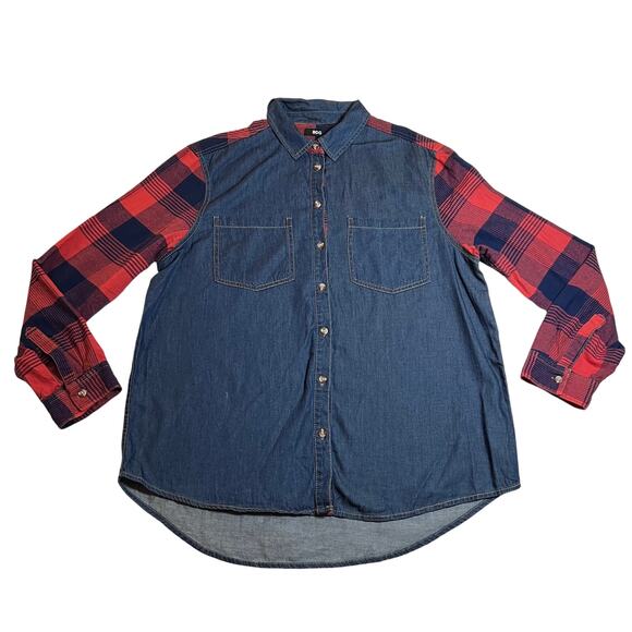 BDG Women's Mixed Media Plaid Flannel Denim Button Up Shirt Size Large Casual - Picture 1 of 9